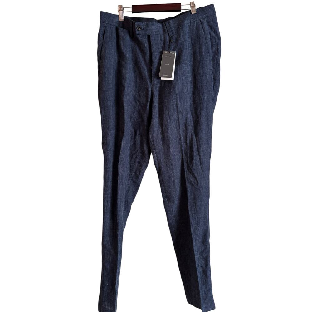 Mango MNG Men’s Suit Collection Herringbone Linen Pants Navy Blue Size 34 NWT